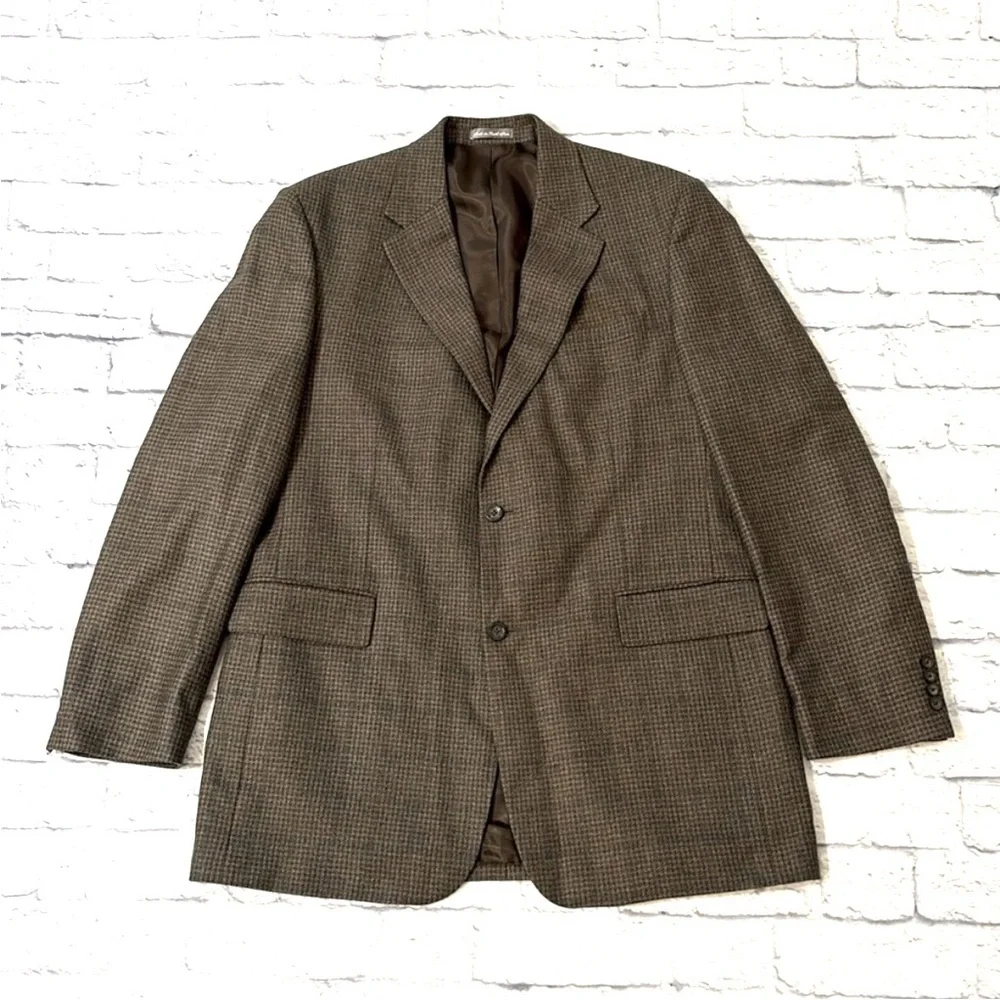 Oscar De La Renta 46XL Wool Cashmere Brown Houndstooth Blazer Sport Coat